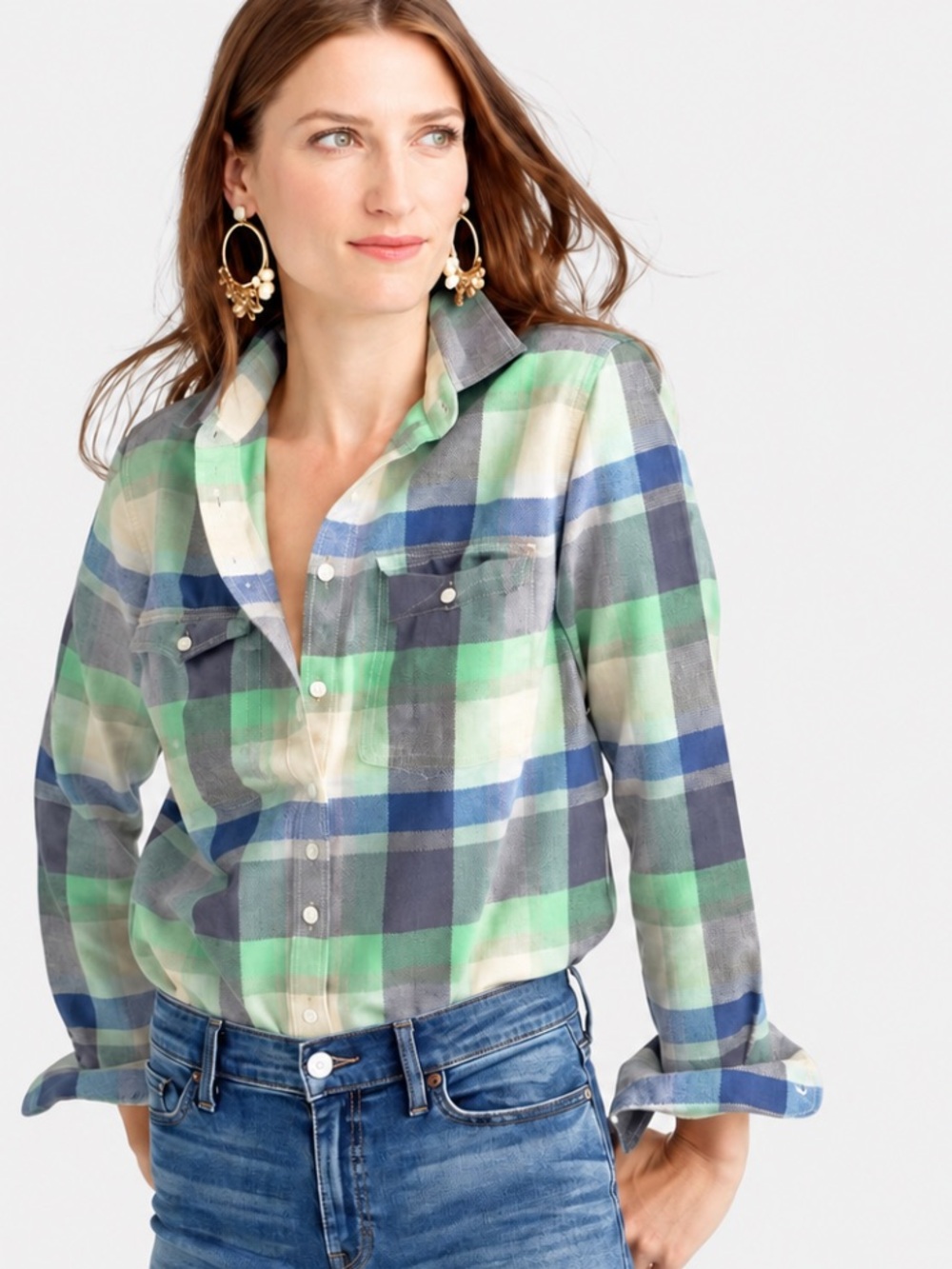 J. Crew Flannel Boyfriend Shirt in Pacey Plaid Blue and Green